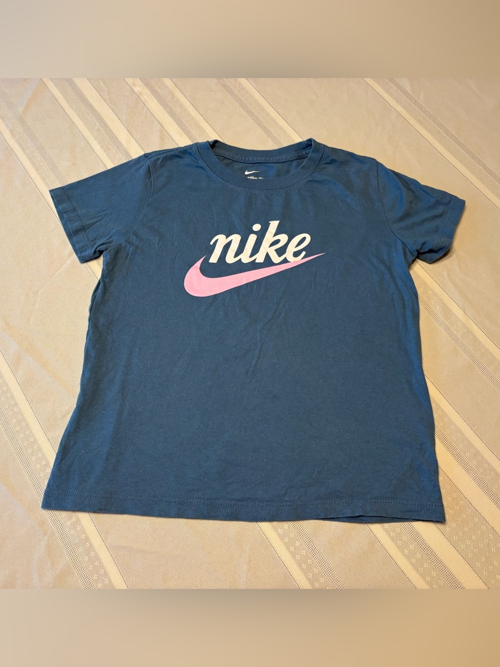 Nike Kids Blue Tee with Pink Swoosh and White Script